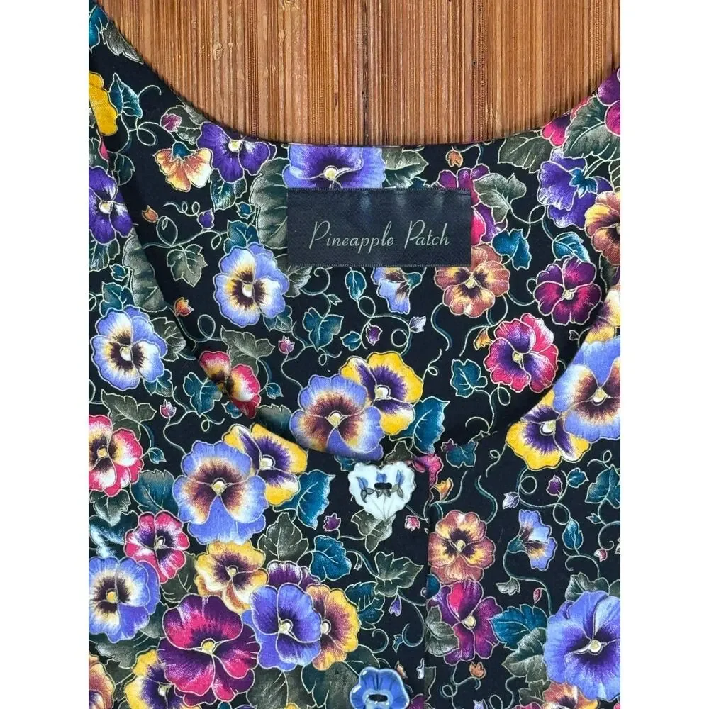 Vintage Pineapple Patch XXL Floral Cotton Midi Dress Black Sleeveless - Picture 5 of 6